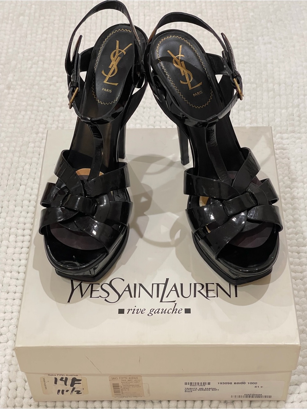 Saint Laurent Black Patent Leather T-Strap Woven Heels with Gold Accents - Picture 8 of 9